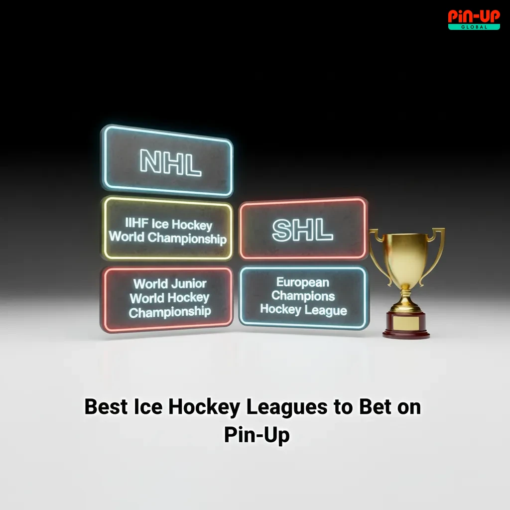 Pin-Up graphic listing ice hockey leagues to bet on: NHL, KHL, SHL, Liiga, DEL, IIHF Worlds, CHL.