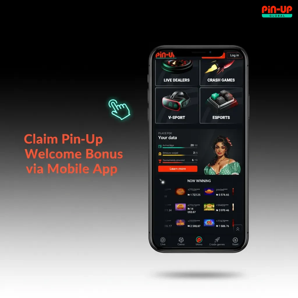 Phone screen showing Pin-Up app welcome bonus: 120% up to ₦9,000,000 + 250FS; download, sign up, deposit to claim.