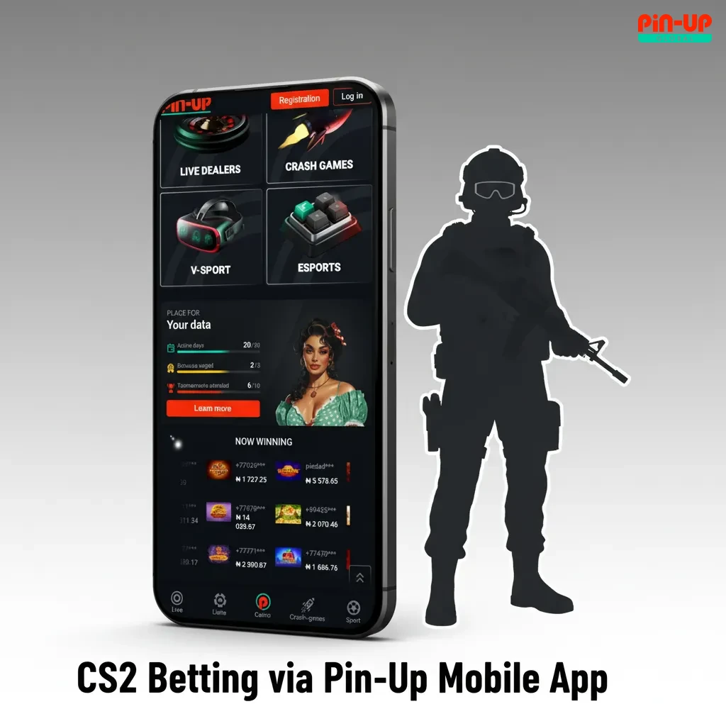 Smartphone displaying Pin-Up CS2 esports betting app with live odds, in-play updates, bet slip, cash-out, NGN stakes
