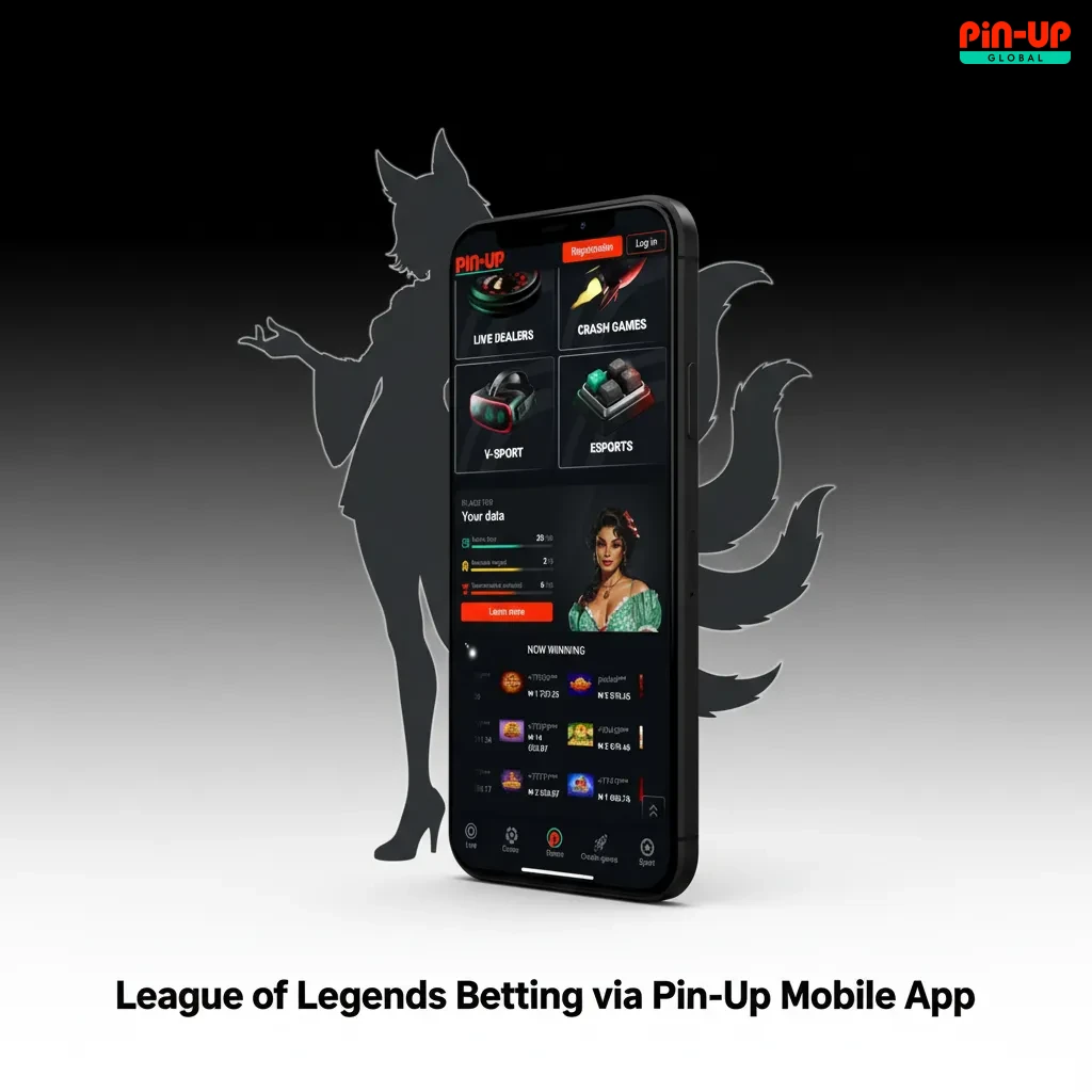 Pin-Up mobile app on phone displaying League of Legends esports betting with live odds and pre-match markets.