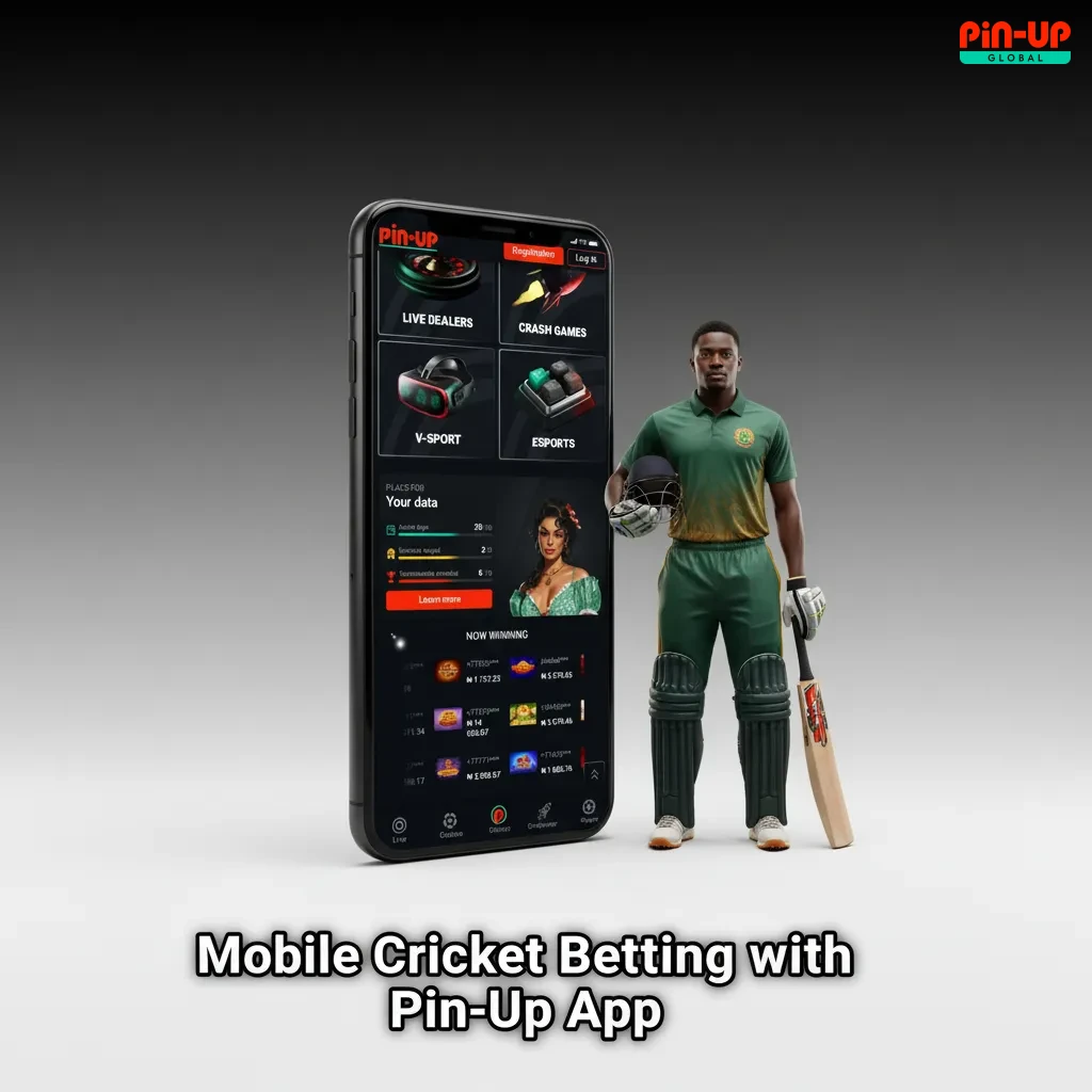 Phones displaying the Pin-Up cricket betting app with live odds, betslip, and IPL/T20 filters on Android and iOS.