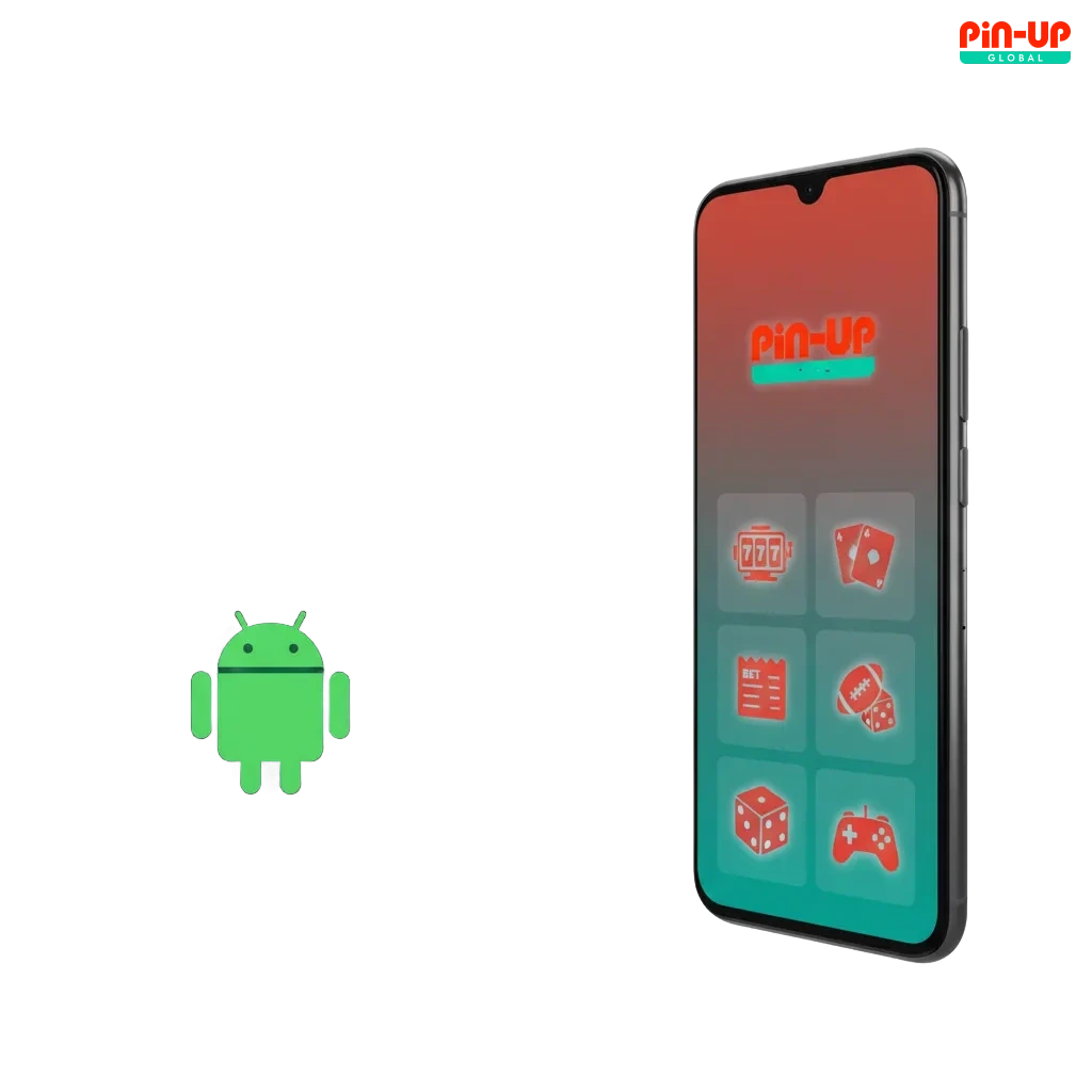 Pin-Up Android app on a phone, showing sports betting, slots, and live tables, with install steps for quick setup.