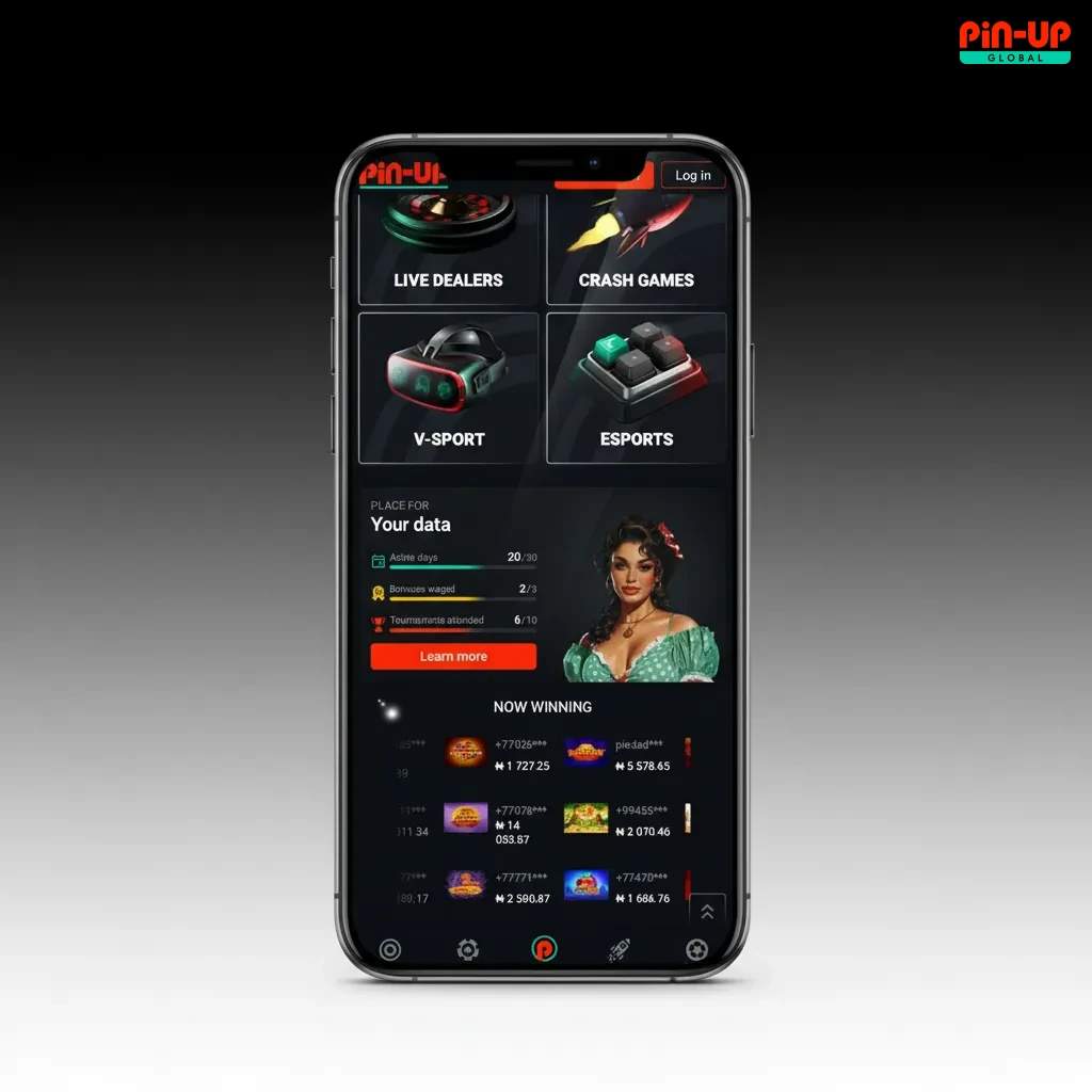 Pin-Up app with clean UI, quick tabs for Sports, Live, Casino, Wallet; visible odds, betslip, and cash-out controls.
