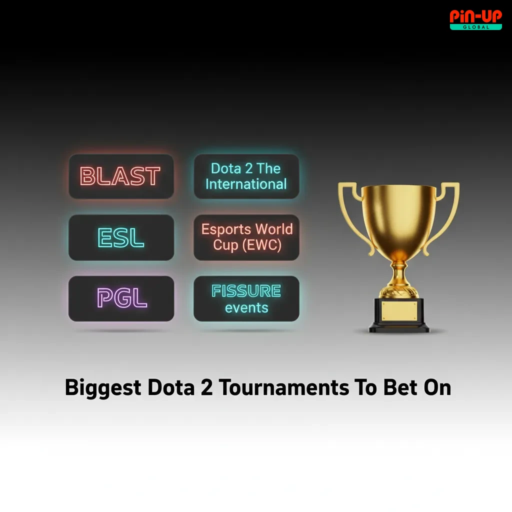 Dota 2 betting graphic showing TI, ESL, BLAST, EWC, PGL, and FISSURE tournaments with odds from qualifiers to finals.