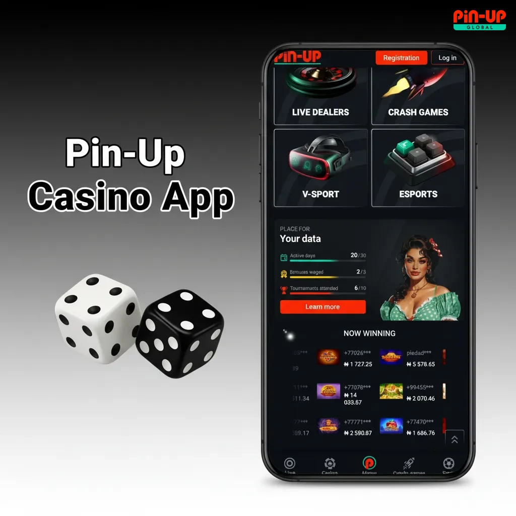 Pin-Up Casino app home screen showing Casino and Sports tabs, live events, top slots, live casino, and in-app promo offers.