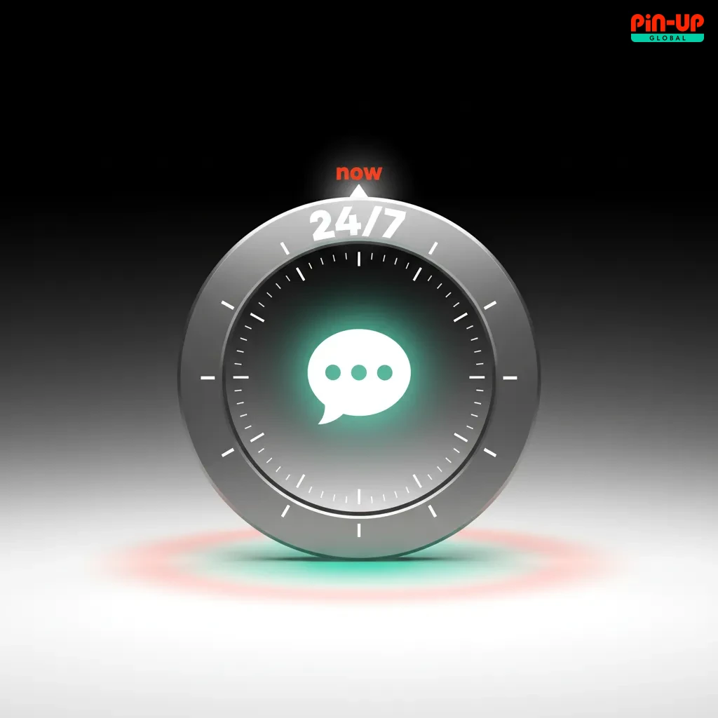 Pin-Up live chat interface with agent icon, 24/7 help for login, payments, KYC; replies in 30-90 seconds.