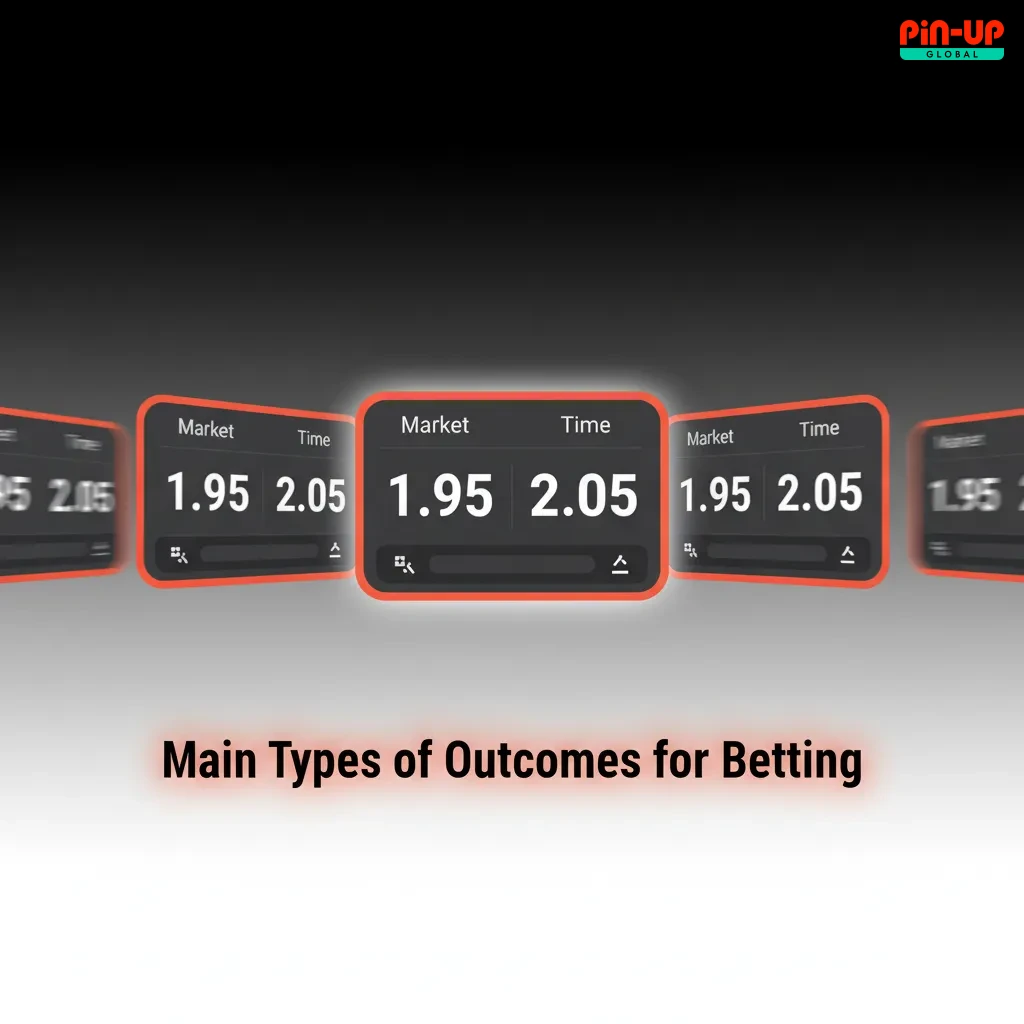 Infographic on main betting outcome types: 1X2 (match result), Double Chance, Over/Under, BTTS, Handicap.