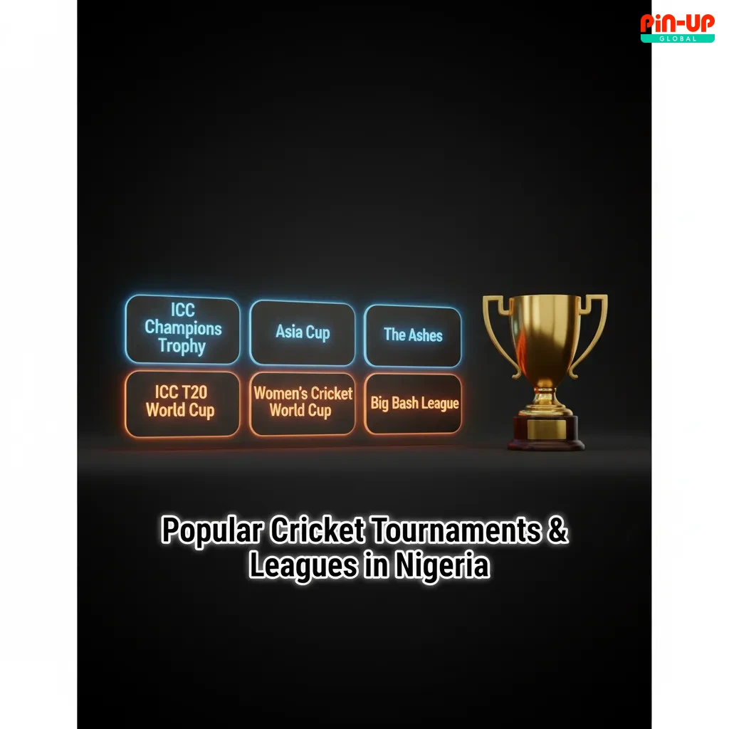 Graphic of popular cricket tournaments in Nigeria: ICC World Cups, The Ashes, IPL, PSL, BBL, CPL, SA20, Asia Cup, WTC.