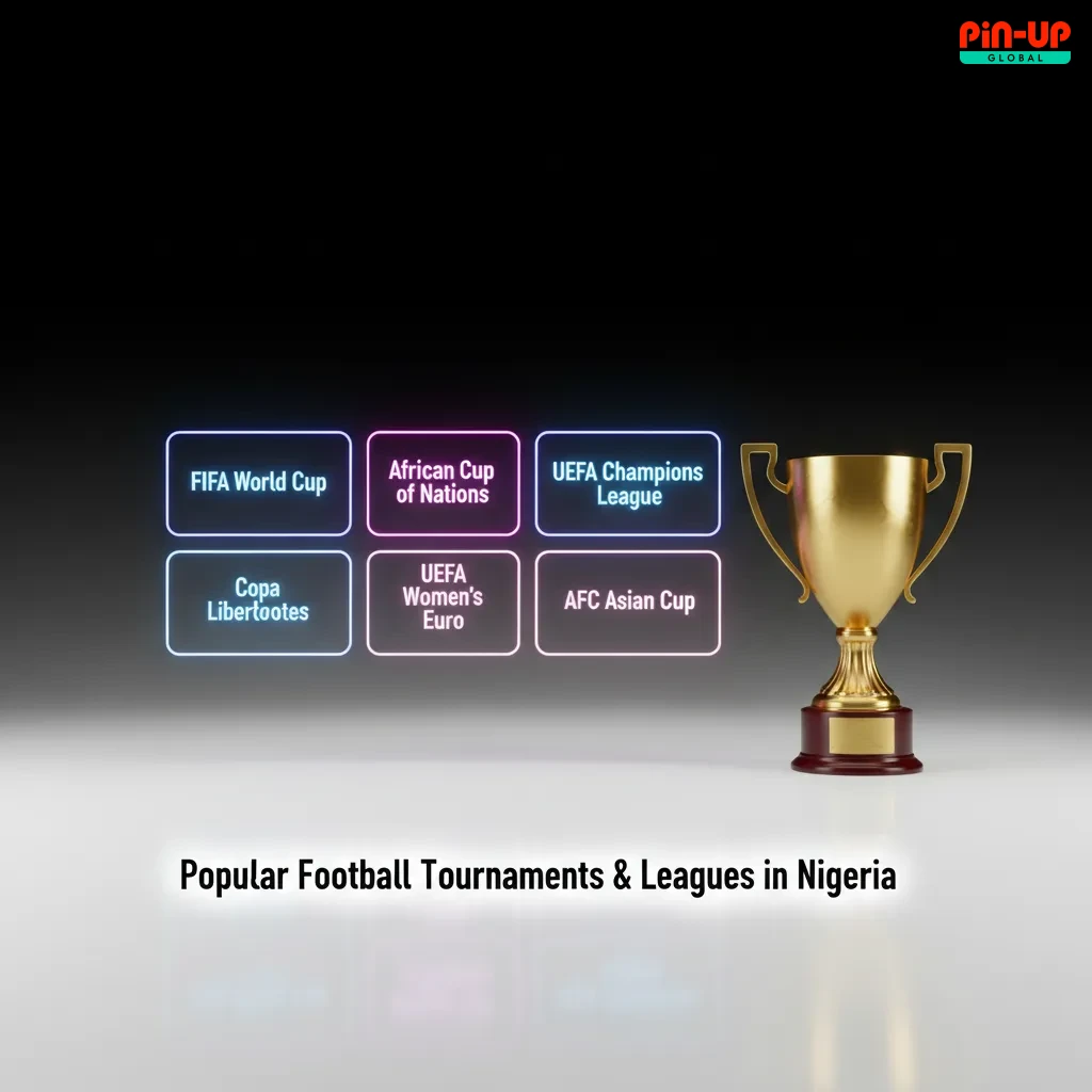 Poster of popular football tournaments and leagues in Nigeria: NPFL, CAF, AFCON, FIFA World Cup, UEFA, EPL, La Liga.