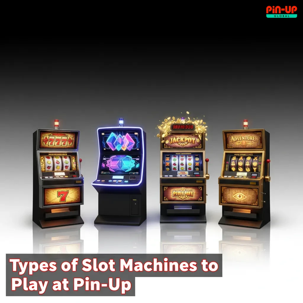 Graphic of slot types at Pin-Up: classic 3-reel, video, Megaways, progressive jackpots, Hold and Win, crash, and more.